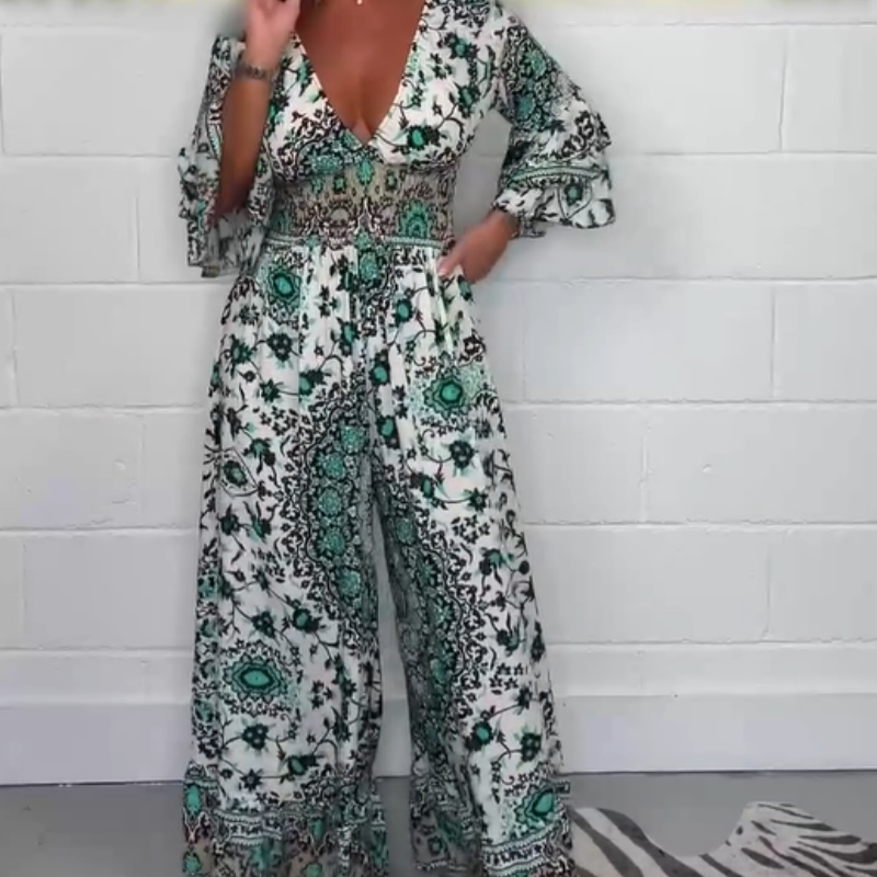 🌸Spring Specials 50% OFF🌸Women's V-Neck Featured Printed Jumpsuit(The more you buy, the higher the discount)