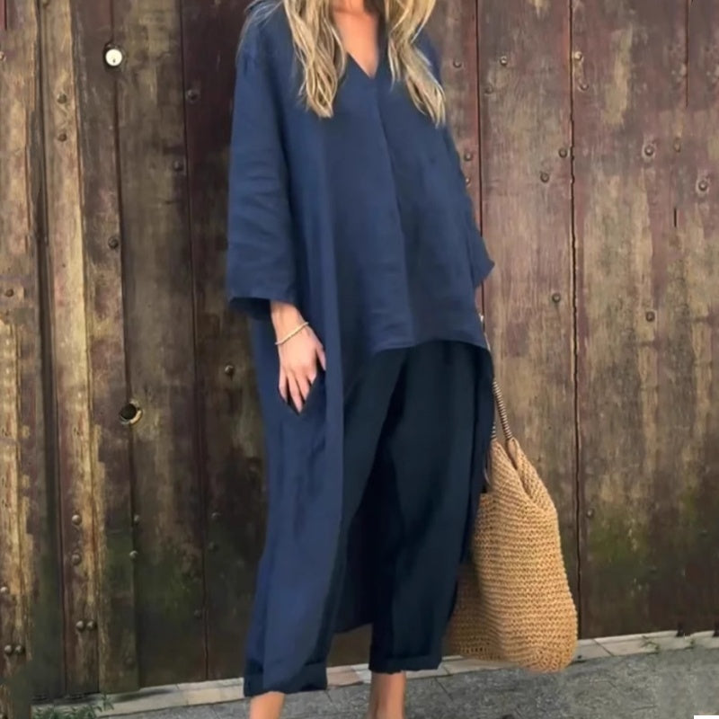 🌸Limited Time Half Price Offer🌸Women's Summer Loose Pocket V-Neck 2-Piece Set(The more you buy, the higher the discount)