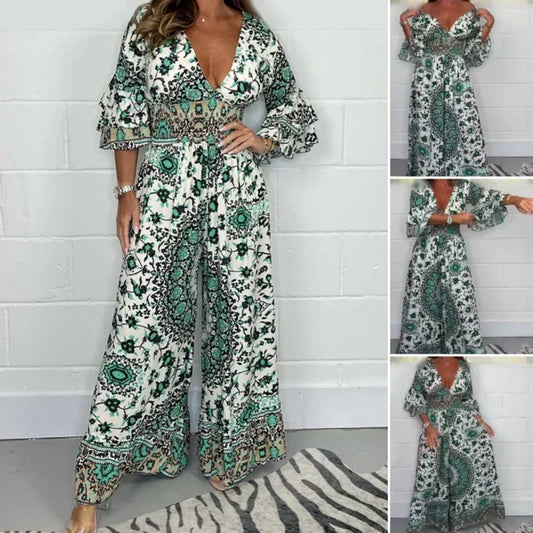 🌸Spring Specials 50% OFF🌸Women's V-Neck Featured Printed Jumpsuit（The more you buy, the higher the discount）